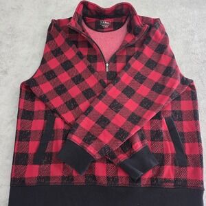 LL‎ Bean Sweater Mens L Red Black Buffalo Plaid 1/4 Zip Pullover Jacket Cozy